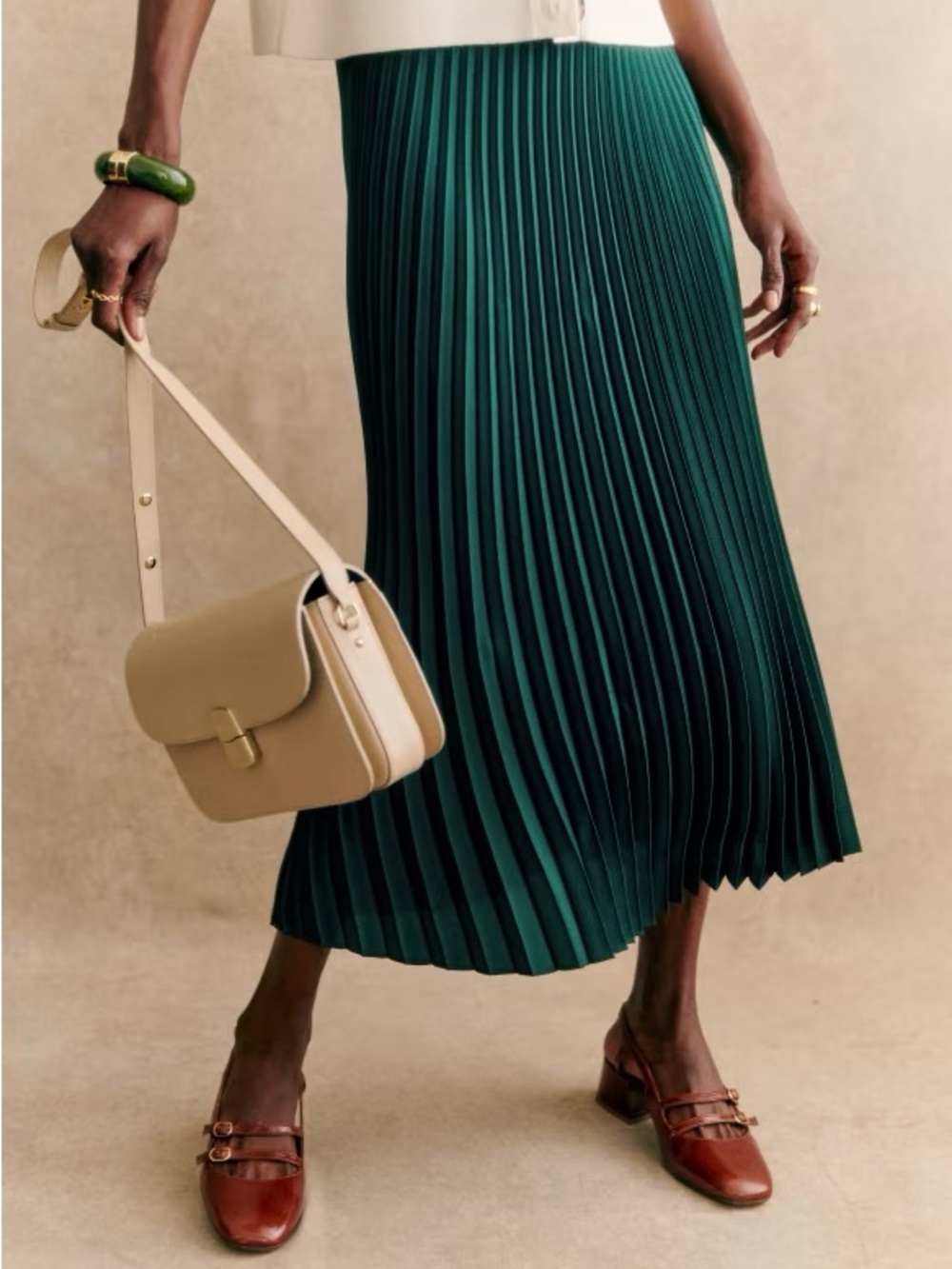 NWT Sezane Dune Pleated Midi Skirt Bottle Green